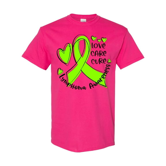 Inktastic Love, Care, Cure Lymphoma Awareness Lime Green Ribbon Hearts T-Shirt