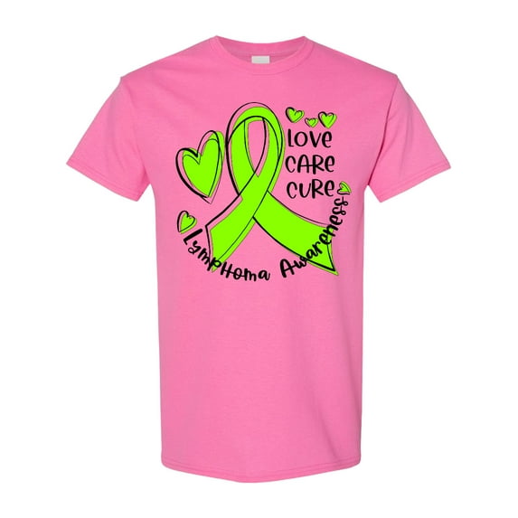 Inktastic Love, Care, Cure Lymphoma Awareness Lime Green Ribbon Hearts T-Shirt
