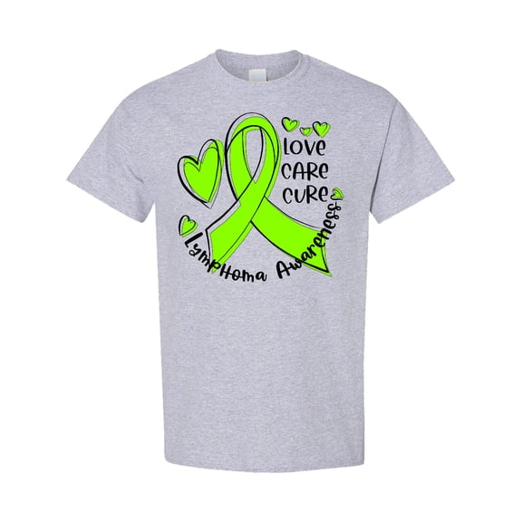 Inktastic Love, Care, Cure Lymphoma Awareness Lime Green Ribbon Hearts T-Shirt