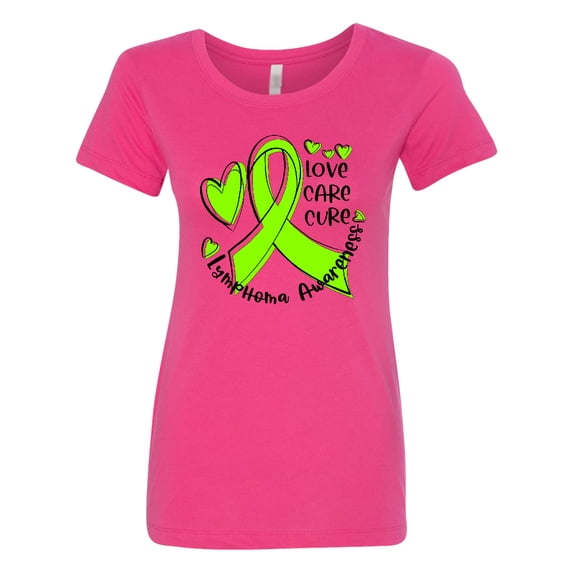 Inktastic Love, Care, Cure Lymphoma Awareness Lime Green Ribbon Hearts Women's T-Shirt
