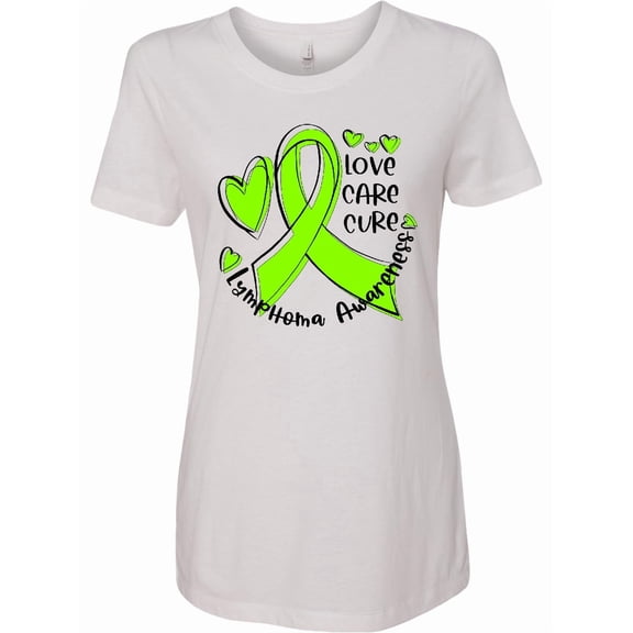 Inktastic Love, Care, Cure Lymphoma Awareness Lime Green Ribbon Hearts Women's T-Shirt