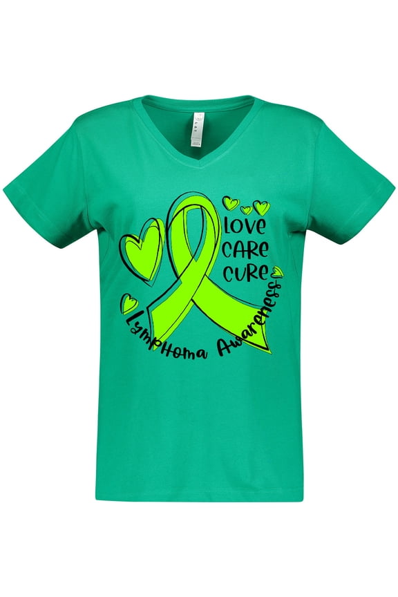 Love, Care, Cure Lymphoma Awareness Lime Green Ribbon Hearts Women's V-Neck T-Shirt