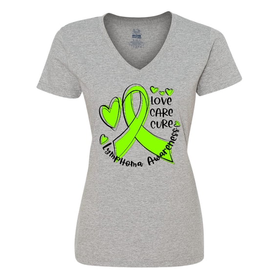 Inktastic Love, Care, Cure Lymphoma Awareness Lime Green Ribbon Hearts Women's V-Neck T-Shirt