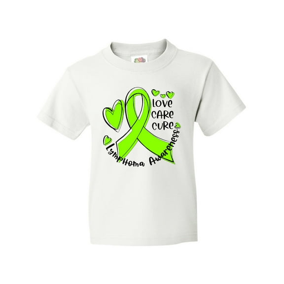Inktastic Love, Care, Cure Lymphoma Awareness Lime Green Ribbon Hearts Youth T-Shirt