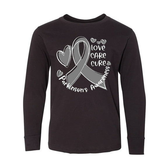 Inktastic Love, Care, Cure Parkinson's Awareness with Gray Ribbon Long Sleeve Youth T-Shirt
