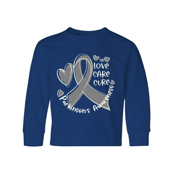 Inktastic Love, Care, Cure Parkinson's Awareness with Gray Ribbon Long Sleeve Youth T-Shirt