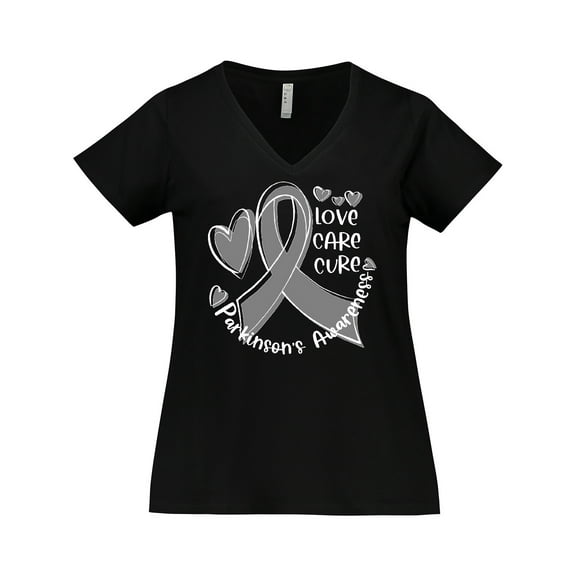 Inktastic Love, Care, Cure Parkinson's Awareness with Gray Ribbon Women's Plus Size V-Neck T-Shirt