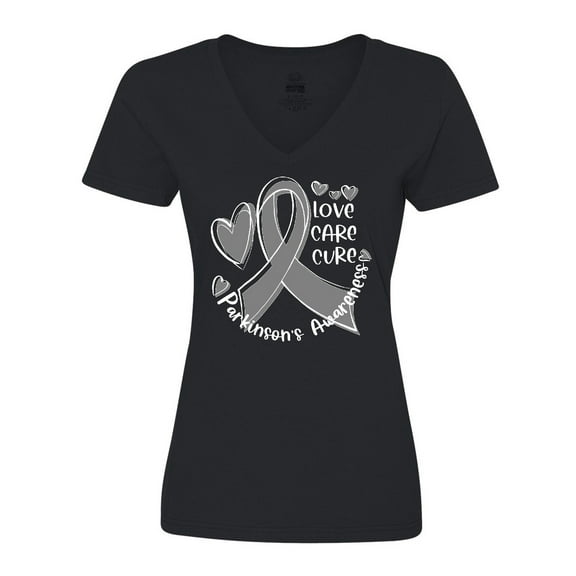 Inktastic Love, Care, Cure Parkinson's Awareness with Gray Ribbon Women's V-Neck T-Shirt