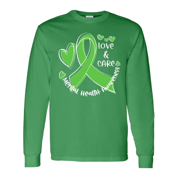 Inktastic Love and Care Mental Health Awareness Green Ribbon Long Sleeve T-Shirt
