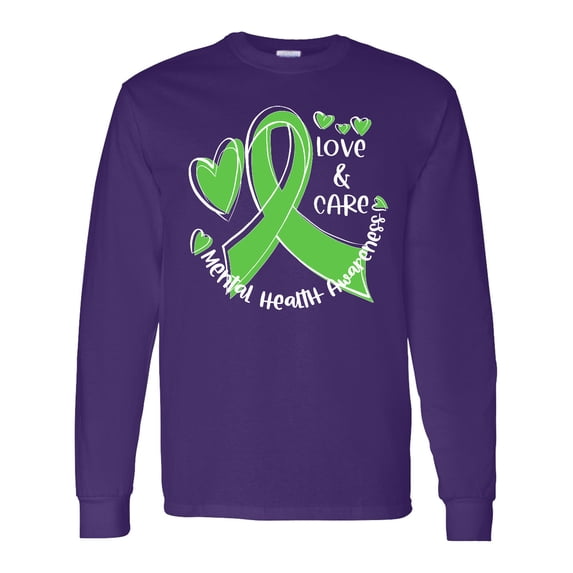Inktastic Love and Care Mental Health Awareness Green Ribbon Long Sleeve T-Shirt