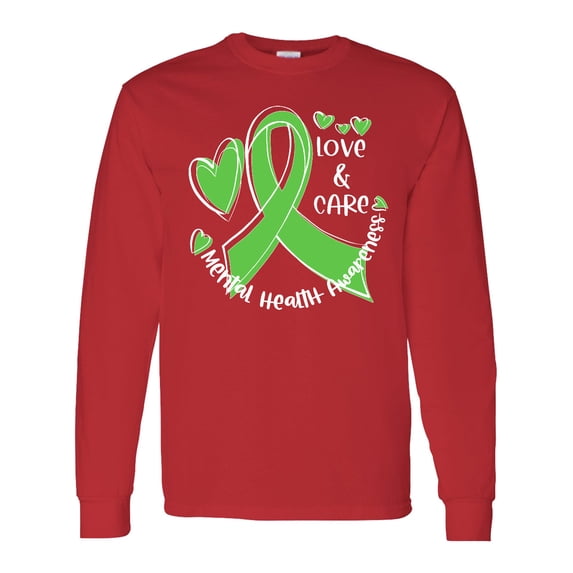 Inktastic Love and Care Mental Health Awareness Green Ribbon Long Sleeve T-Shirt