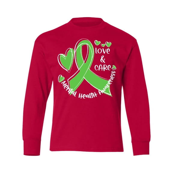 Inktastic Love and Care Mental Health Awareness Green Ribbon Long Sleeve Youth T-Shirt