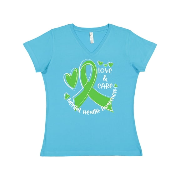 Inktastic Love and Care Mental Health Awareness Green Ribbon Women's V-Neck T-Shirt