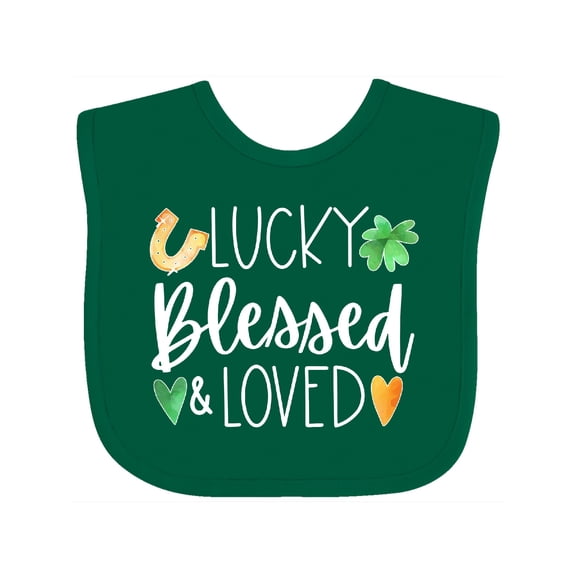 Inktastic Lucky Blessed and Loved Horseshoe Clover Hearts Boys or Girls Baby Bib