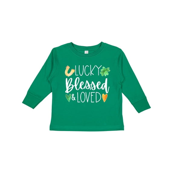 Inktastic Lucky Blessed and Loved Horseshoe Clover Hearts Boys or Girls Long Sleeve Toddler T-Shirt