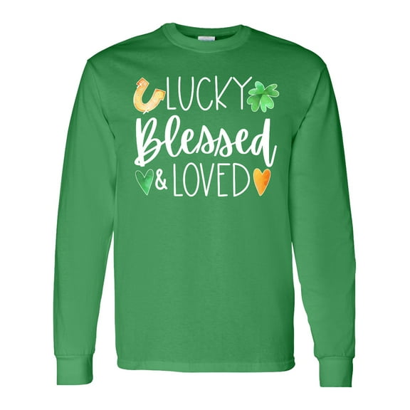 Inktastic Lucky Blessed and Loved Horseshoe Clover Hearts Long Sleeve T-Shirt
