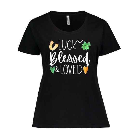 Inktastic Lucky Blessed and Loved Horseshoe Clover Hearts Women's Plus Size T-Shirt