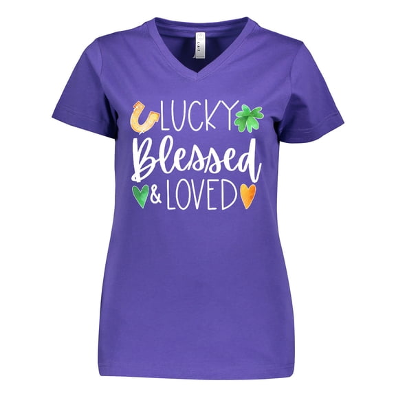 Inktastic Lucky Blessed and Loved Horseshoe Clover Hearts Women's V-Neck T-Shirt