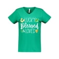 thumbnail image 1 of Inktastic Lucky Blessed and Loved Horseshoe Clover Hearts Women's V-Neck T-Shirt, 1 of 5