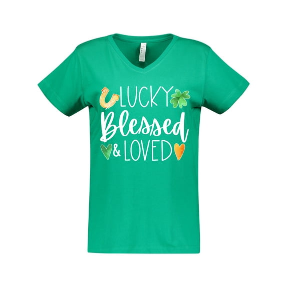 Inktastic Lucky Blessed and Loved Horseshoe Clover Hearts Women's V-Neck T-Shirt