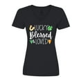 thumbnail image 1 of Inktastic Lucky Blessed and Loved Horseshoe Clover Hearts Women's V-Neck T-Shirt, 1 of 5