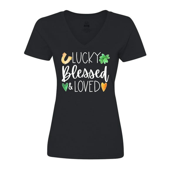 Inktastic Lucky Blessed and Loved Horseshoe Clover Hearts Women's V-Neck T-Shirt