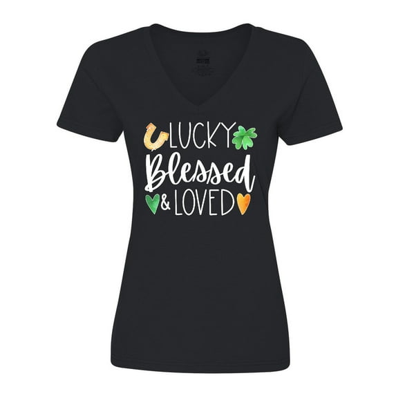 Inktastic Lucky Blessed and Loved Horseshoe Clover Hearts Women's V-Neck T-Shirt