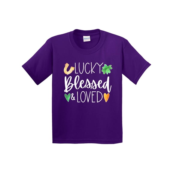 Inktastic Lucky Blessed and Loved Horseshoe Clover Hearts Youth T-Shirt