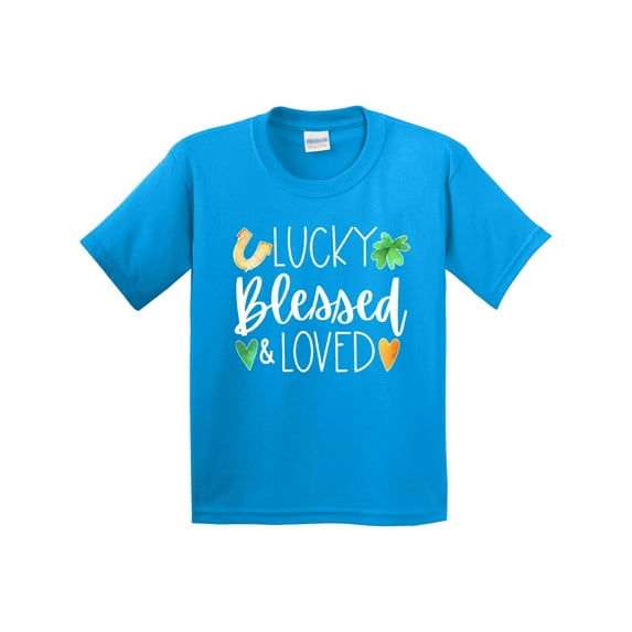 Inktastic Lucky Blessed and Loved Horseshoe Clover Hearts Youth T-Shirt