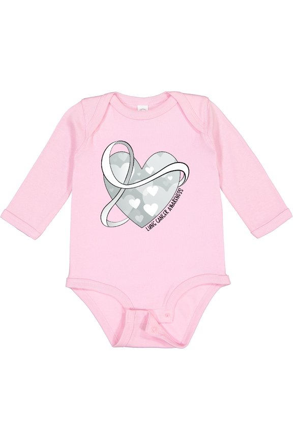 Lung Cancer Awareness White Ribbon Around Heart Boys or Girls Long Sleeve Baby Bodysuit