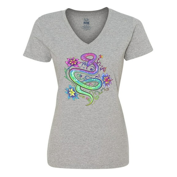 Inktastic Magical Colorful Snake with Flowers Women's V-Neck T-Shirt