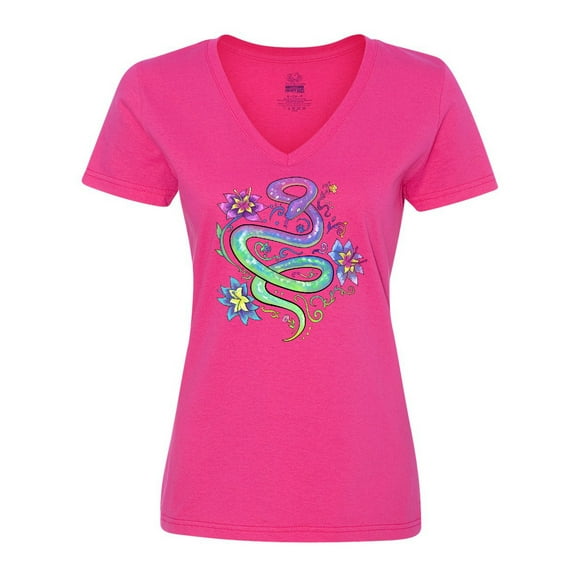 Inktastic Magical Colorful Snake with Flowers Women's V-Neck T-Shirt