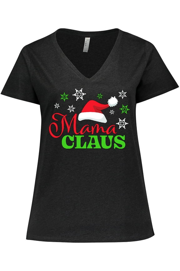 Mama Claus with Christmas Santa Hat and Snowflakes Women's Plus Size V-Neck T-Shirt