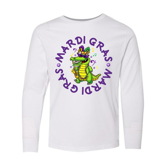 Inktastic Mardi Gras 2021 Party Alligator Long Sleeve Youth T-Shirt