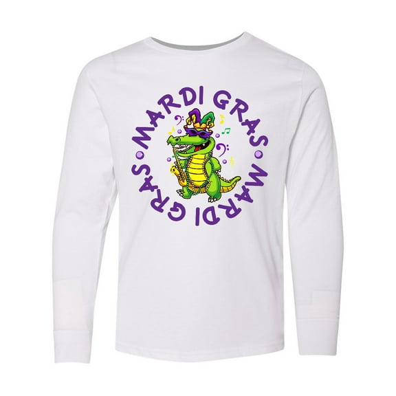 Inktastic Mardi Gras 2021 Party Alligator Long Sleeve Youth T-Shirt