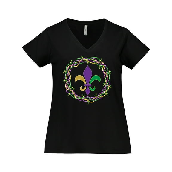 Inktastic Mardi Gras Fleur De Lis Beads Women's Plus Size V-Neck T-Shirt