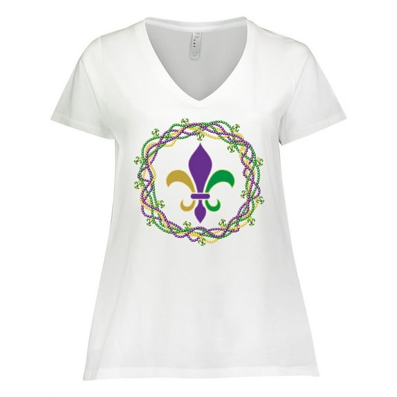 Inktastic Mardi Gras Fleur De Lis Beads Women's Plus Size V-Neck T-Shirt