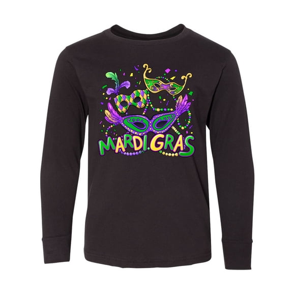 Inktastic Mardi Gras Masks and Beads Long Sleeve Youth T-Shirt