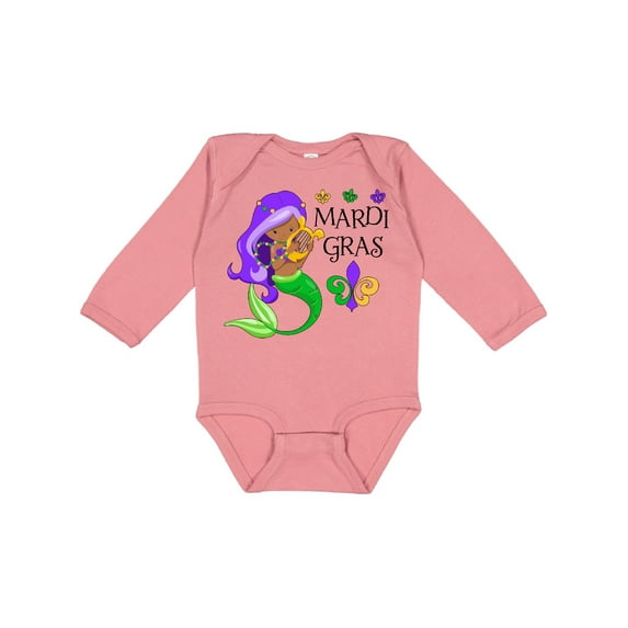 Inktastic Mardi Gras Mermaid with Harp and Beads Boys or Girls Long Sleeve Baby Bodysuit