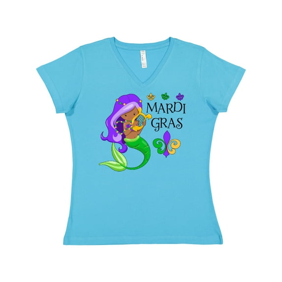 Inktastic Mardi Gras Mermaid with Harp and Beads Women's V-Neck T-Shirt