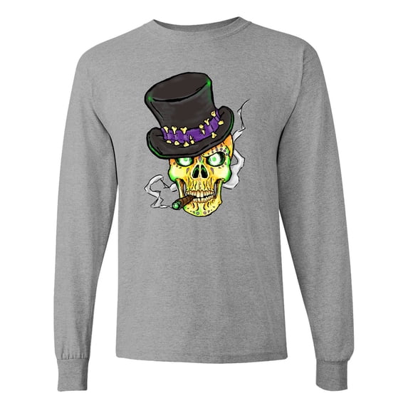 Inktastic Mardi Gras Skull with Cigar Long Sleeve T-Shirt