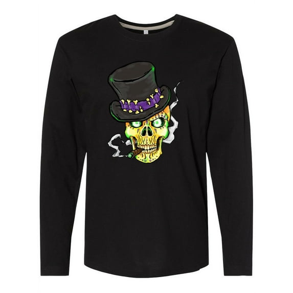 Inktastic Mardi Gras Skull with Cigar Long Sleeve T-Shirt