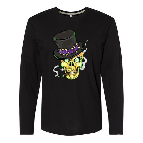 Inktastic Mardi Gras Skull with Cigar Long Sleeve T-Shirt