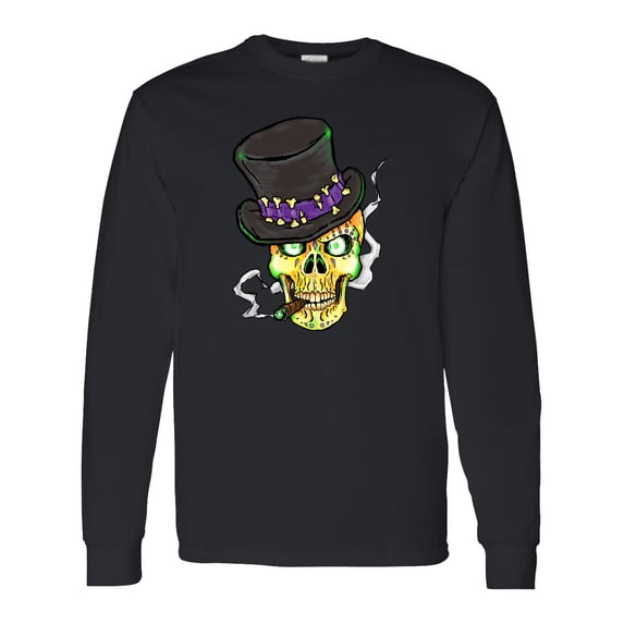 Inktastic Mardi Gras Skull with Cigar Long Sleeve T-Shirt