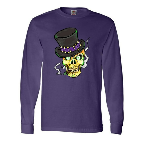 Inktastic Mardi Gras Skull with Cigar Long Sleeve T-Shirt