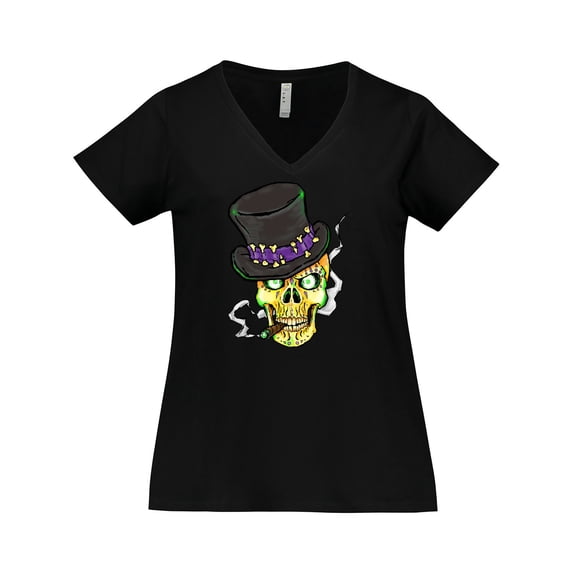 Inktastic Mardi Gras Skull with Cigar Women's Plus Size V-Neck T-Shirt
