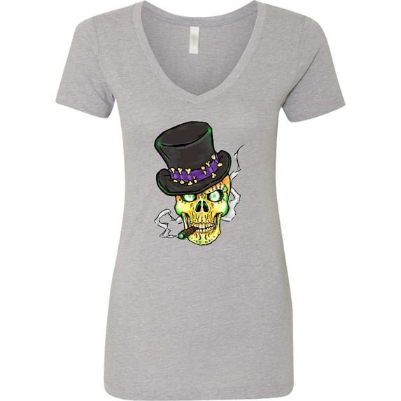 Inktastic Mardi Gras Skull with Cigar Women's V-Neck T-Shirt