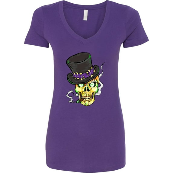 Inktastic Mardi Gras Skull with Cigar Women's V-Neck T-Shirt