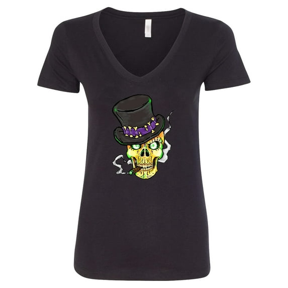 Inktastic Mardi Gras Skull with Cigar Women's V-Neck T-Shirt