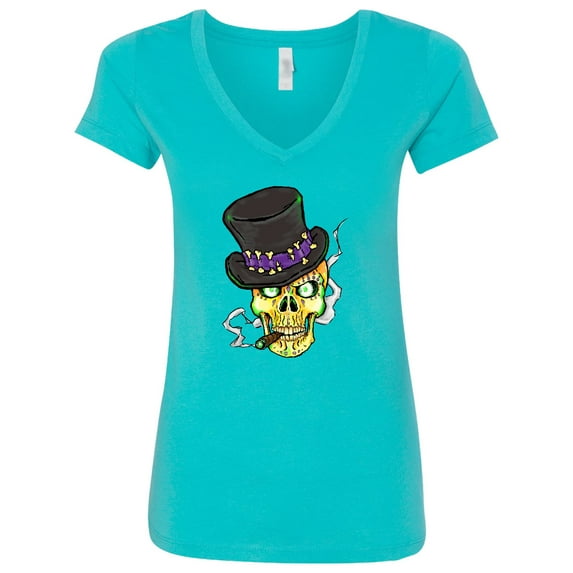 Inktastic Mardi Gras Skull with Cigar Women's V-Neck T-Shirt